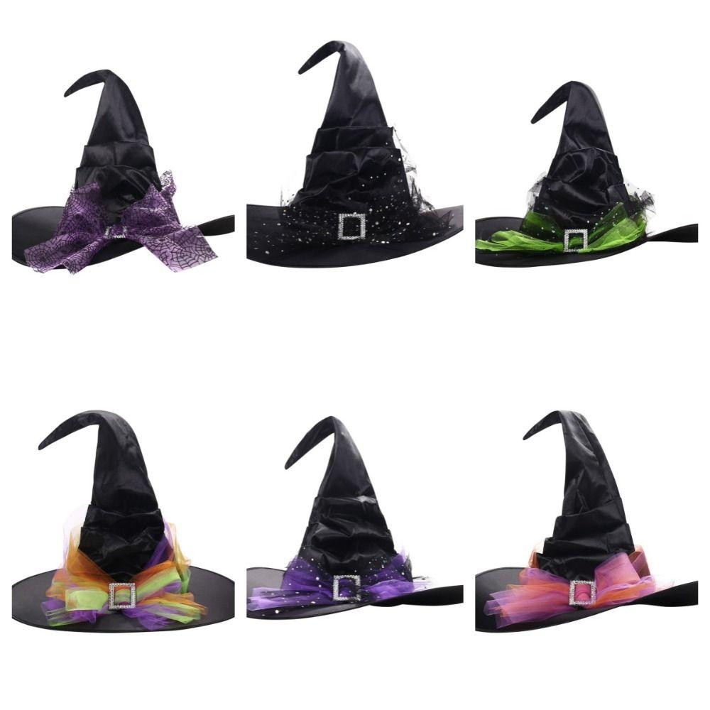 Folds Halloween Witch Hat Satins Wizard Cap Creative Mesh Bow Witch Hat  Performance Props