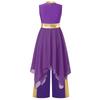 Girls Liturgical Praise Lyrical Dance Outfit Metallic Patchwork Sleeveless Asymmetrical Hem Dress Wide Leg Pants Set