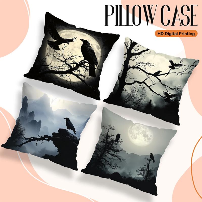 Home Decor Crows And Moon: Mysterious Night Scene Pillow Pattern Cushion Cover Suitable For Sofa Bedroom Car Pillow Cover