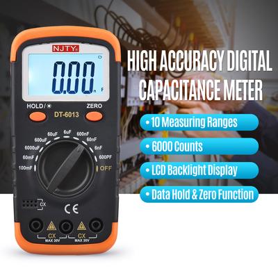 Medidor de capacitância digital NJTY com display LCD retroiluminado 600pF a 100mF de alta precisão 6000 contagens