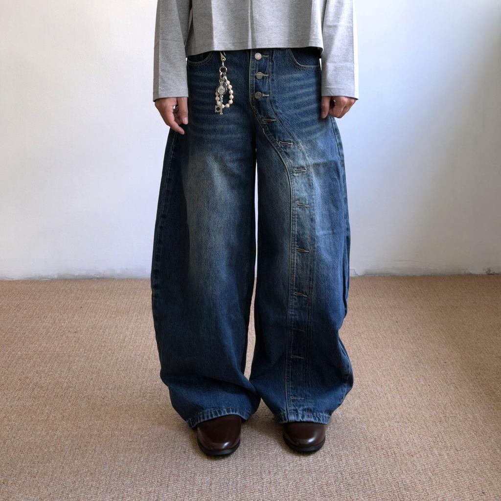 Street trendy brand scimitar jeans men's American retro breasted design loose and lazy casual wide-leg trousers