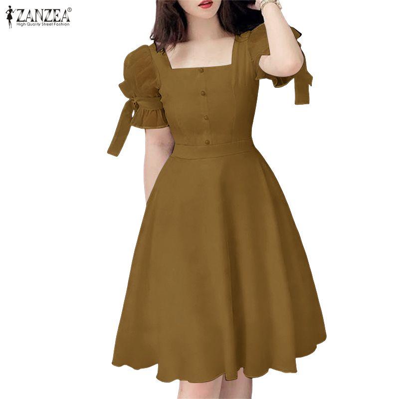 ZANZEA Womens Square Collar Casual Mesh Splice Short Sleeve A-Line Dress
