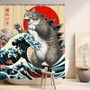 Japanese Cat Shower Curtain, Vintage Anime Sunset Wave Art, Waterproof Fabric With Hooks