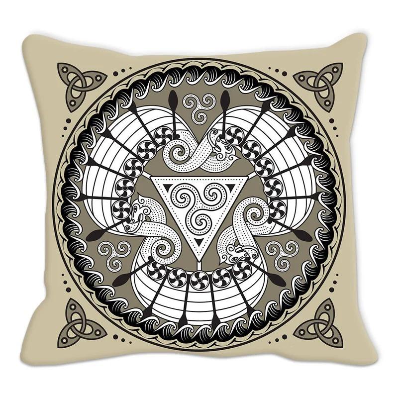 Viking Runes Compass Cushion Cover Peach Skin Norse Mythology Throw Pillowcase Black Celtic Knot Sofa Living Room Home Decor