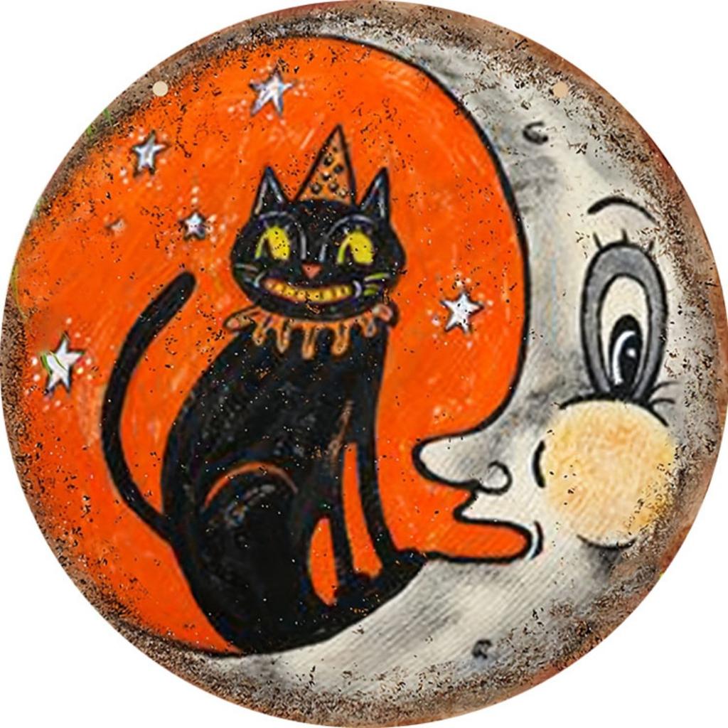 Vintage Whimsical Cat and Moon Round Plaque Sign - Distressed Finish, Wall Hanging,  Aesthetic Room Decor - Pack of 1
