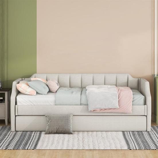 90x200cm Folding Bed Cotton Linen Fabric Day Bed with Pull-out Bed Headboard Strong Wood Slat Support Bed Home Furniture,