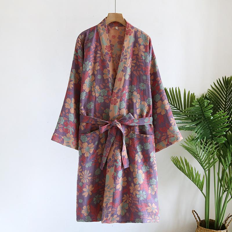 Women Sleeve Spring Autumn Bathrobe Printed Morning Robes Loose Home Wear Sleep Dressing Gowns
