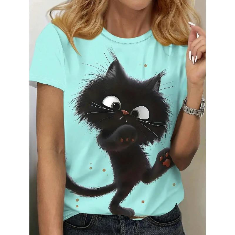 Funny Women's T-shirt Cat Graphic Print Summer Round Neck Outdoor Comfortable Fashion Casual Female Oversized Short Sleeve T-Shirts