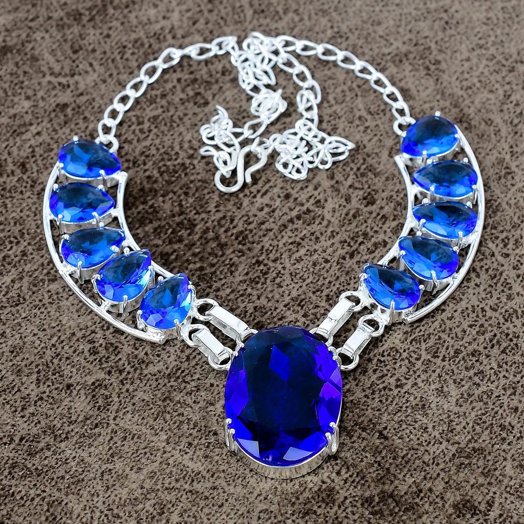 Blue Topaz Gemstone Handmade 925 Sterling Silver Jewelry Necklace 18" KKG-433