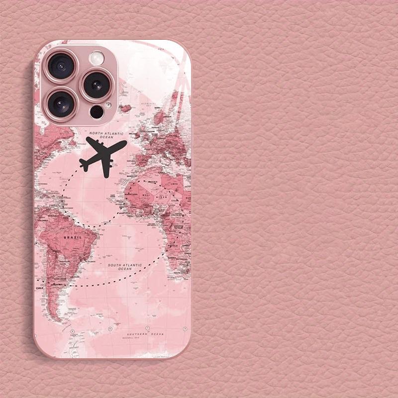 Simple Map Airplane Pattern Pink Metallic Paint Glass Phone Case For iPhone 17 16 15 14 13 12 11 Pro Max 15 Plus 17Air 16E Cover