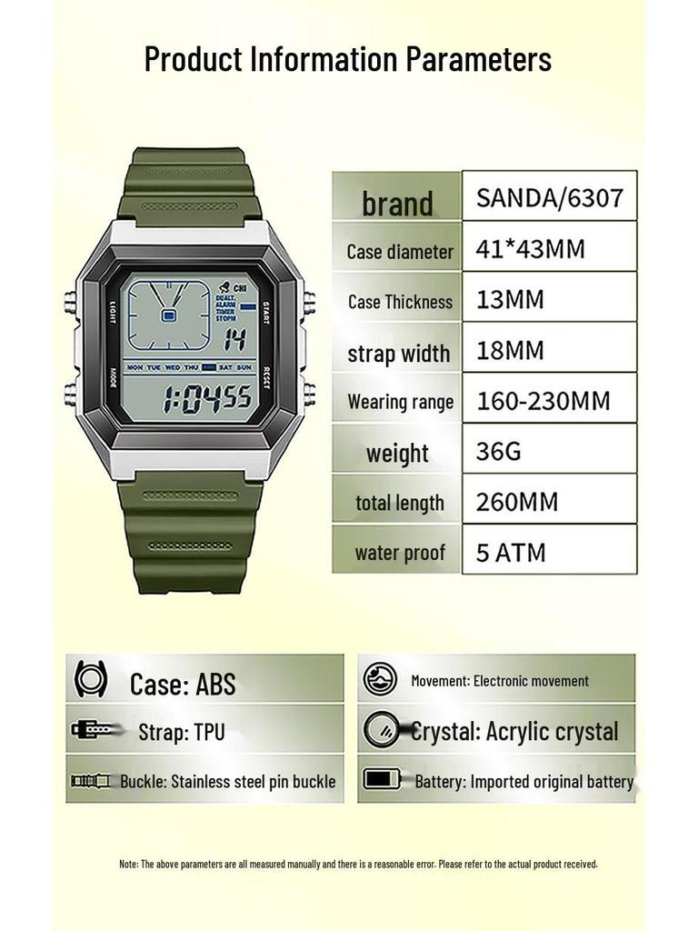 Sanda 6307 Quadratische Analoge Wasserdichte Leuchtende Countdown-Uhr