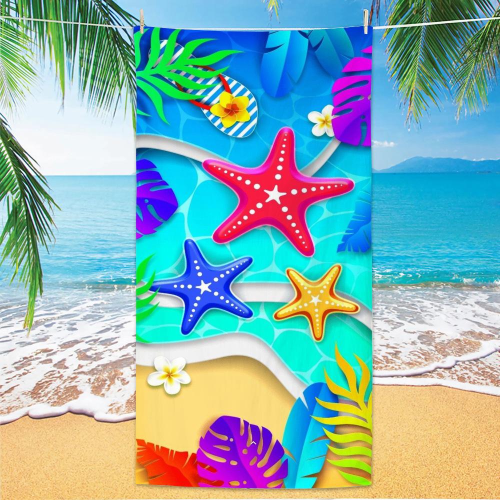 Watercolor Ocean Life Beach Towel, Navy Blue Background Starfish Seashell Print Towel
