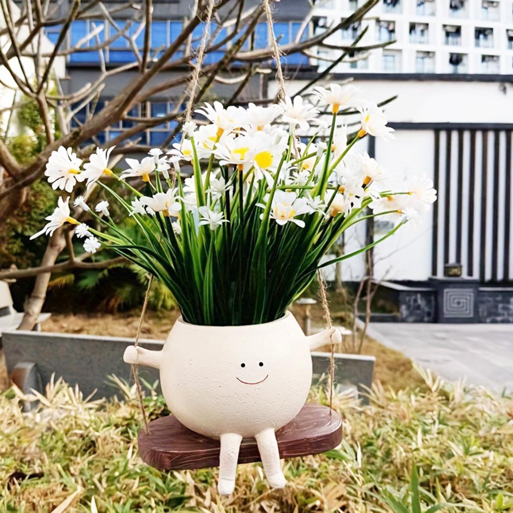 Cute Hanging Planter Pot Resin Hanging Swing Chair Planter Creative Smile Face Flower Container for Indoor Outdoor Plant Holder