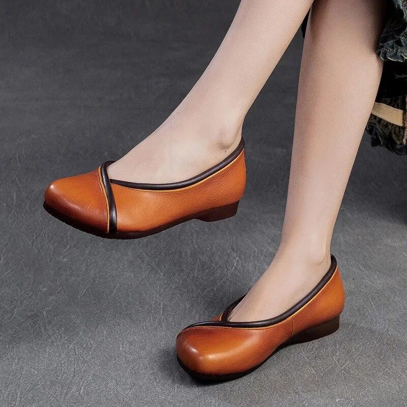 Johnature Eenfargede flate sko med firkantet tå, fritidsloafers med god komfort, slip-on-sko i ekte skinn for kvinner