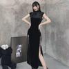 Vintage Black Velvet Cheongsam: Modern Slit Silk Dress