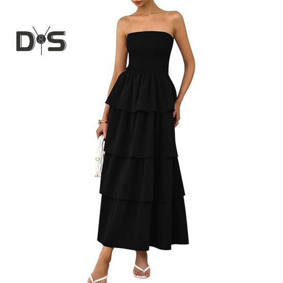 Trägerloses Kleid für Damen, schulterfrei, rückenfrei, ärmellos, Strandkleid, mehrlagiges Rüschenkleid, verstreuter Saum, Urlaubskleid, elastische Brust, Maxikleid