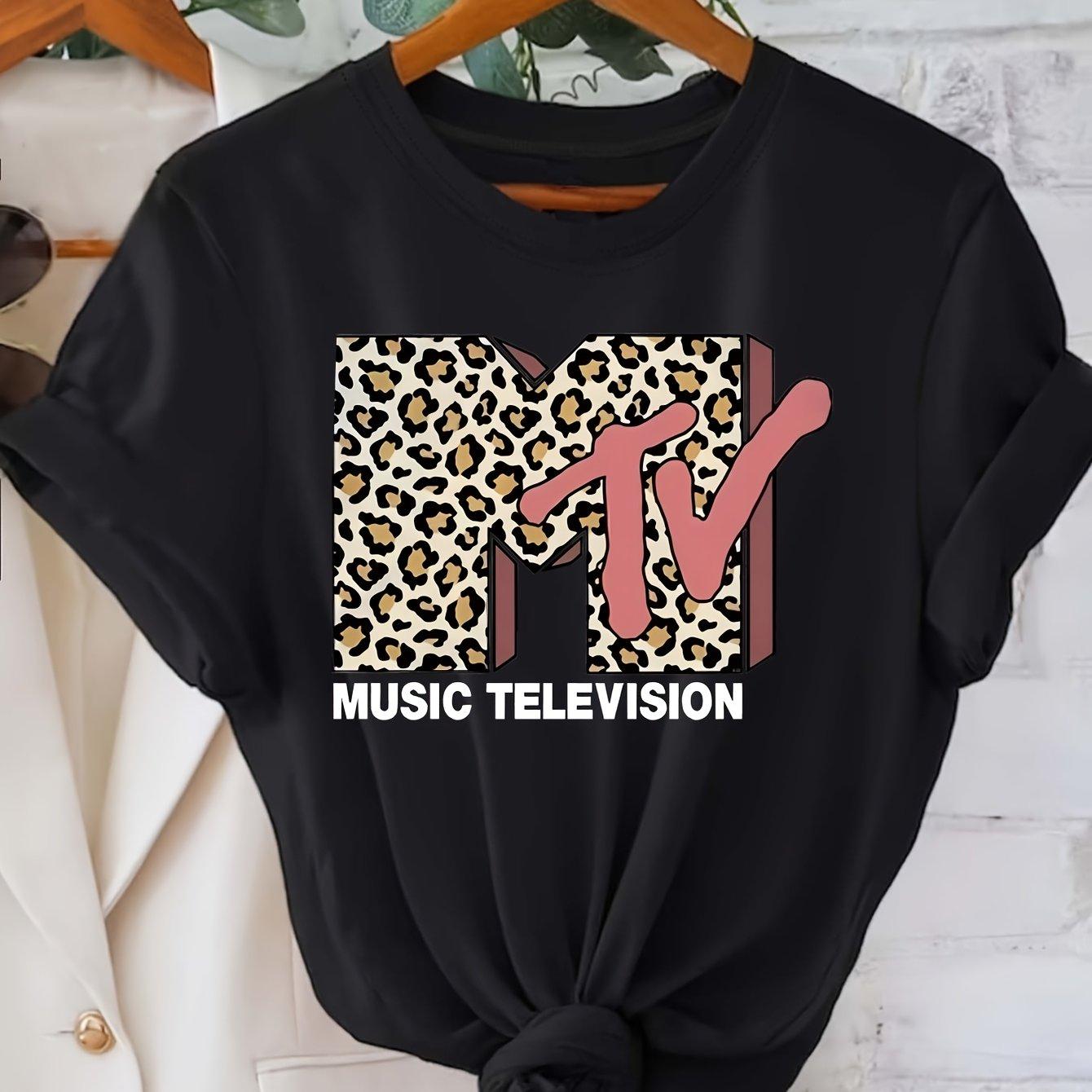

Summer Womens MTV leopard print letter graphic print fashionable casual sports loose round neck short sleeved Tshirt top XL