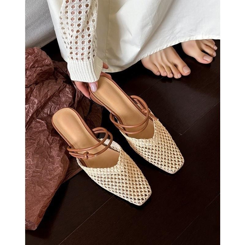 Summer sandals women's 2025 new mesh outer wear one pedal sandals casual woven hollow bag head half slippers