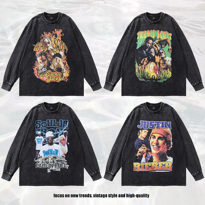 Hip Hop Rap Portrait Print Long Sleeve T-Shirt Autumn Retro Fried Color Men'S Crew Neck Sweater