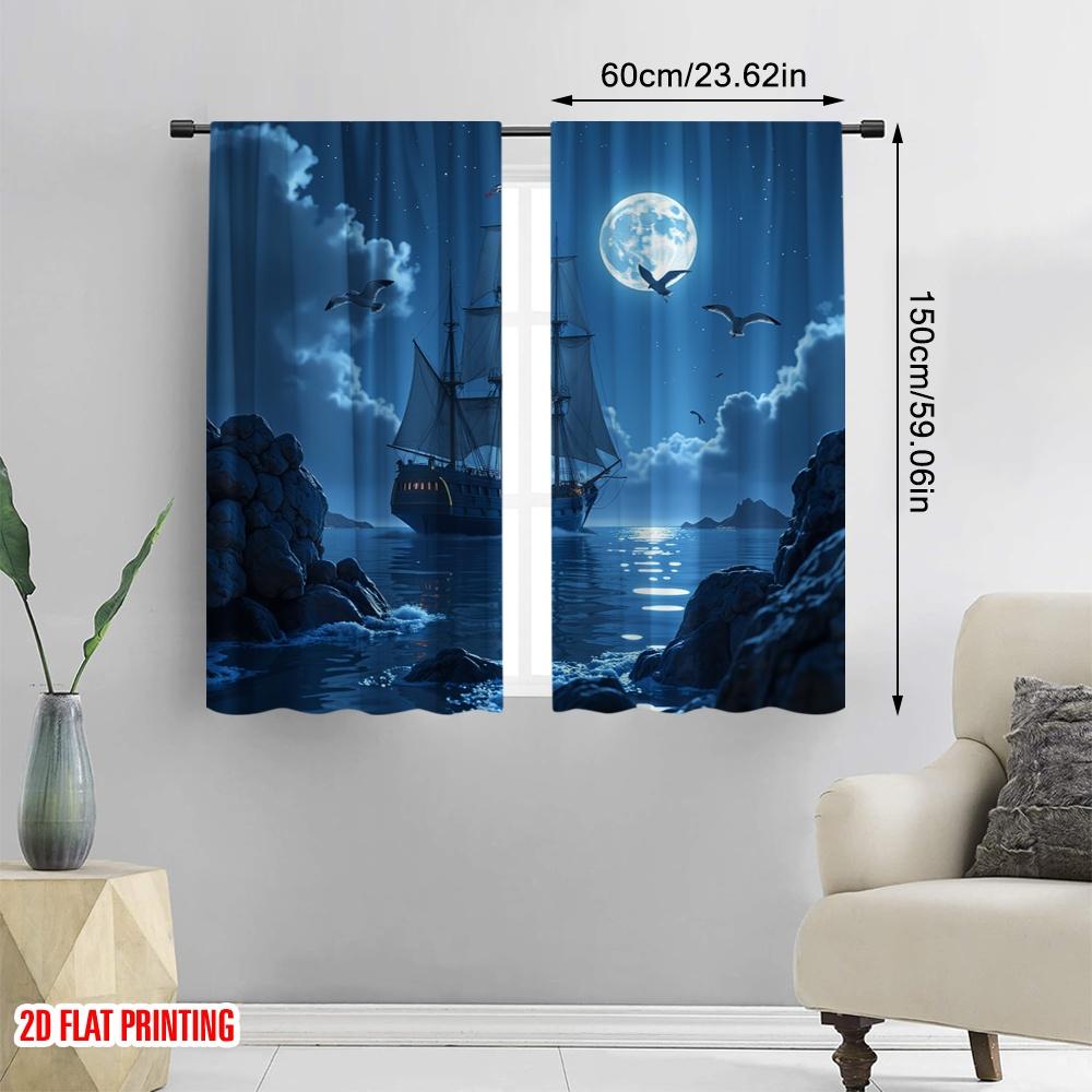 Flat Printing Window Curtains Moonlit Ship Polyester Without Electricity Family Party Decoration Suitable Home Curtain Set Of 2 Made Washable