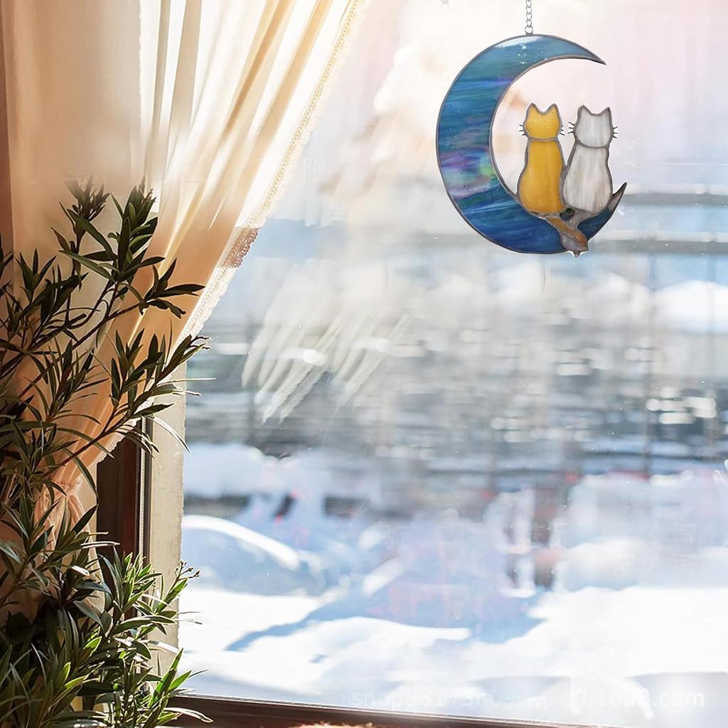Blue Moon Cat Window Decoration Hanging,Alloy Cat Stained Painting Window Hangings, Acrylic Moon Decoration for Wall Courtyard Gift Pet Animal Cat
