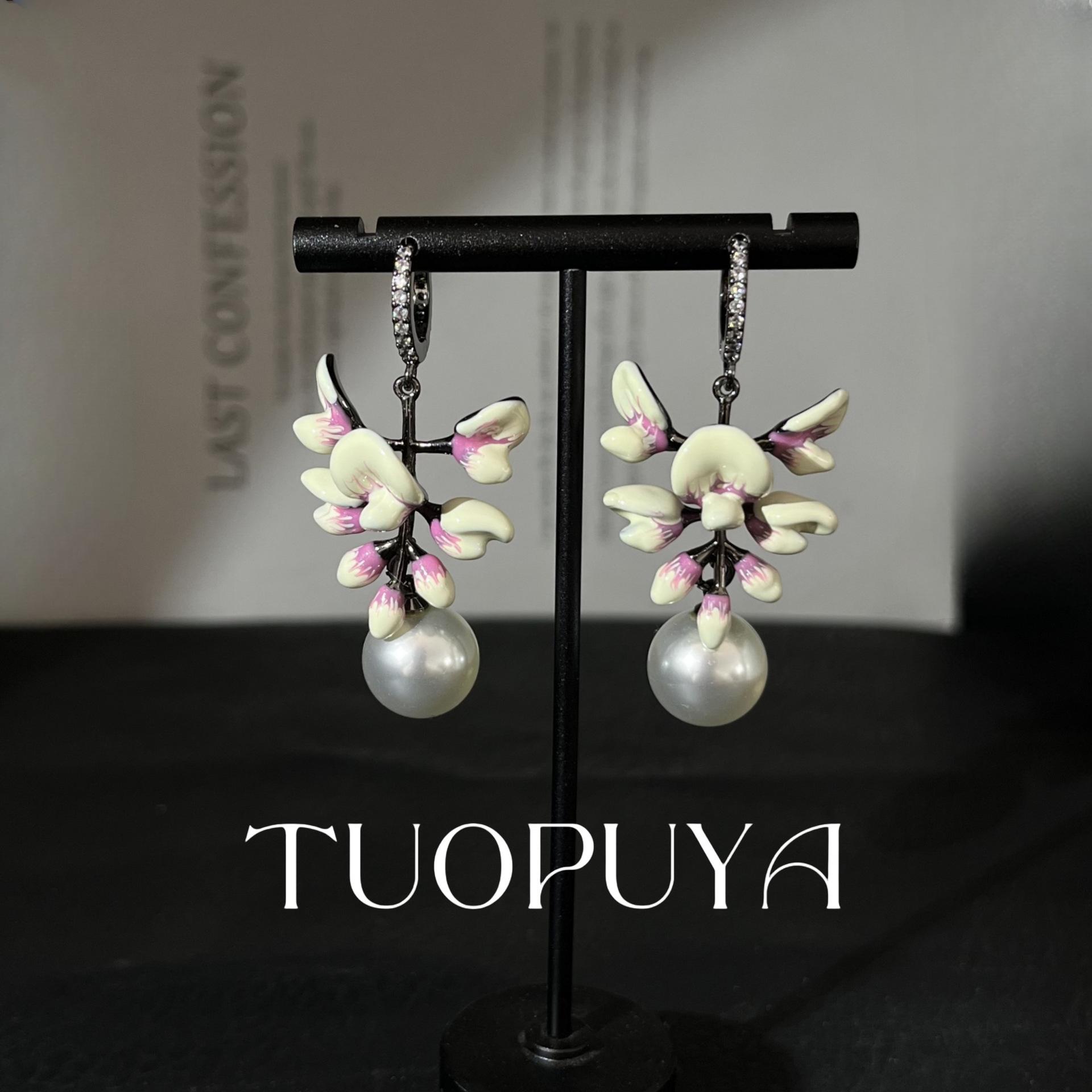 Elegant Handmade Enamel Flower Earrings with Pearl Dangle Clips