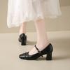 2025  Women's Office Ladies New Silver Black Square Toe One Strap Block Mid Heel Pumps Elegant Street Style High Heels Shoes