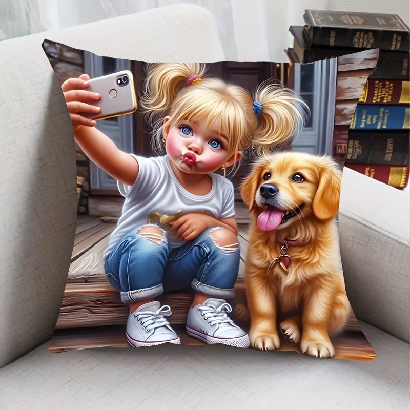 Charming Girl And Dog Printed Pillowcase Decoration Pillow Home Decoration Daily Home Decoration
