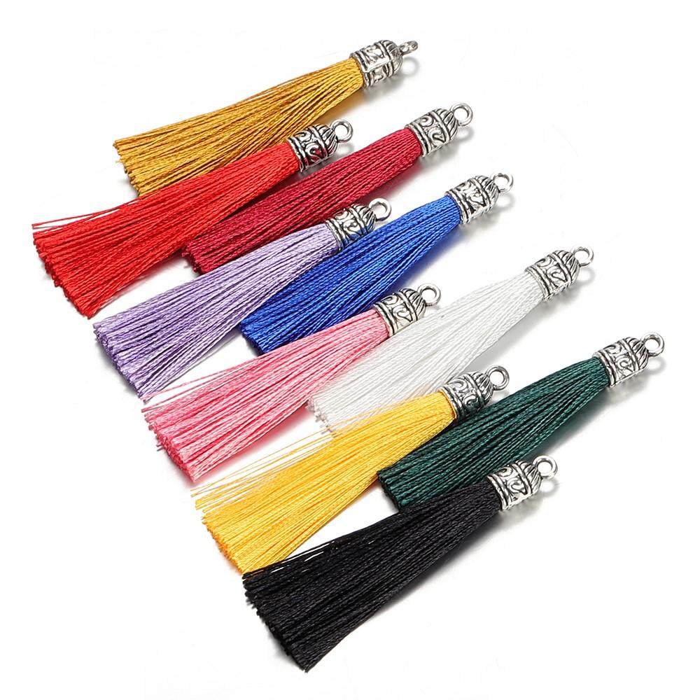 10Pcs 6cm Silk Tassel Charms Brush Tassels With Antique Silver Caps For DIY Jewelry Making Handmade Crafts Pendant Accessories