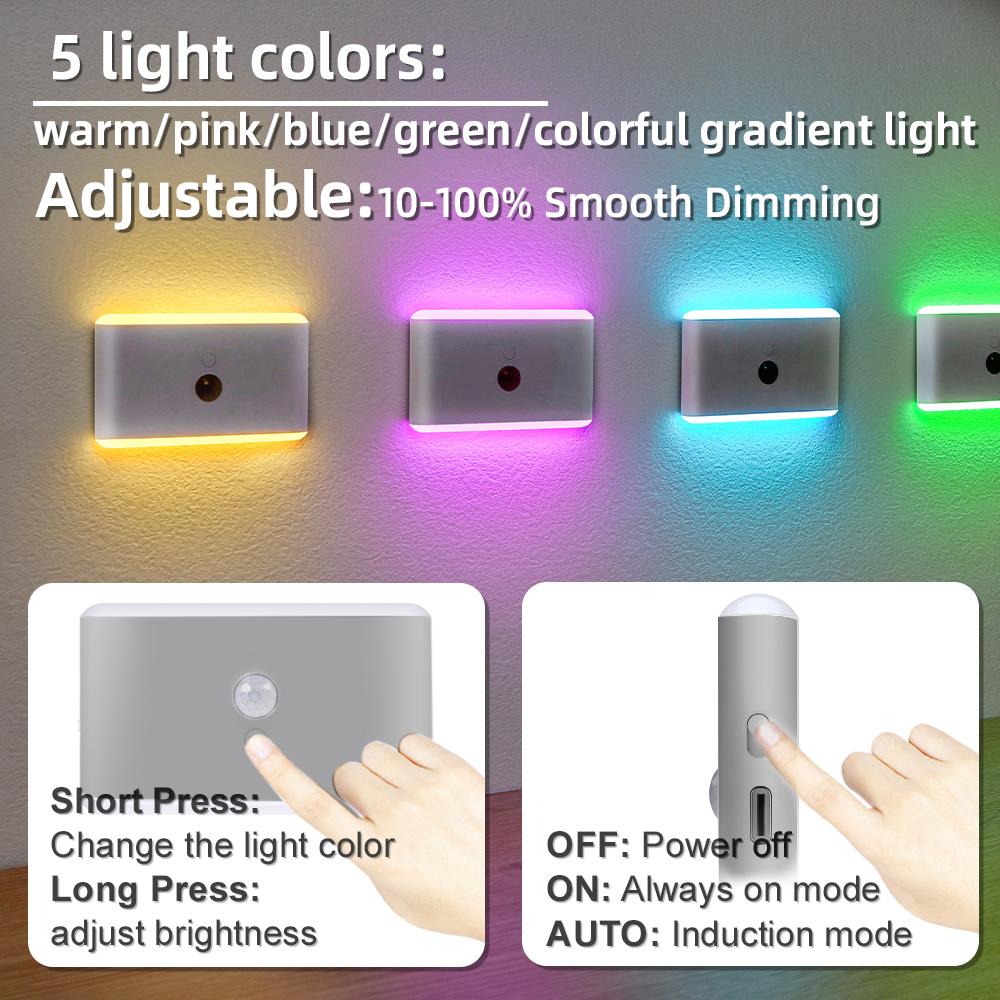 Motion Sensor Night Lights Rechargeable RGB Stair Lights Multifunctional PIR Sensor Wall Night For Indoor Bedroom