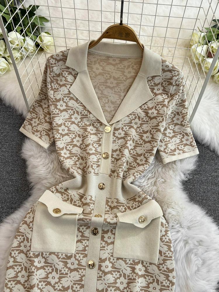 Summer Women Brand Designer Vintage Jacquard Flower Knitted Sweater Sheath Dresses With Pocket