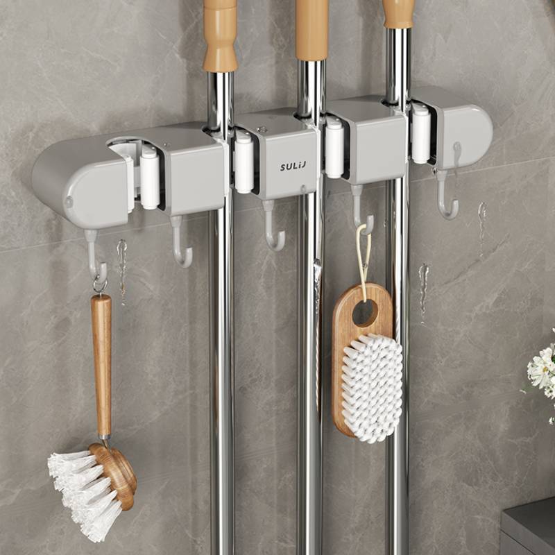 Modern Minimalist Abs Bathroom Wall Mount Mop Holder With Strong Clips And Hooks For Home Organization
