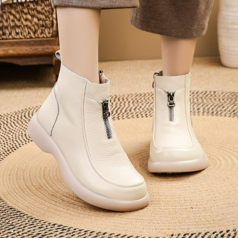 Cowhide Cotton Shoes, Flat-bottomed Wool Short Boots, Women's Winter Plus Velvet Warm Boots, Soft-soled Non-slip Leather Boots
