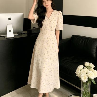 Salt Sweet Wind Floral Bubble Sleeves V-neck Dress Women's Summer Long Dress Slim and Thin High Waist A-shaped Skirt Wholesale