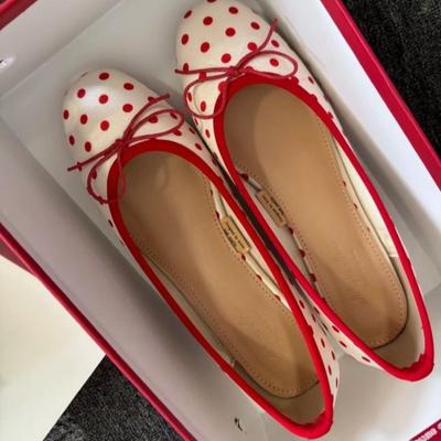 Fashion Red Polka Dot Flat Shoes 2025 New Style Bow Fairy Flat Soft Sole Round Toe Hollow Shallow Mouth High-end Single Shoes