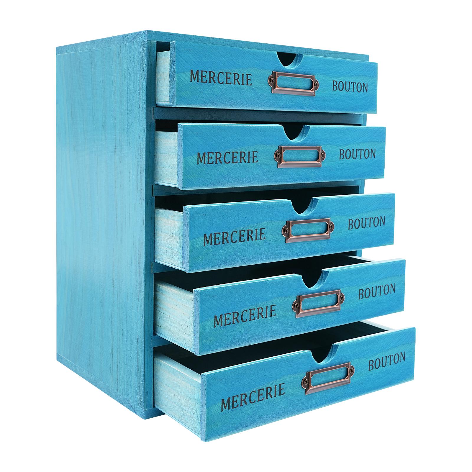 

5-Tier Drawer Cabinet,File Organizer with 5 Drawers Vintage Removable U-shaped Holes Pine Wood for Tabletop Office/Home/Study синій