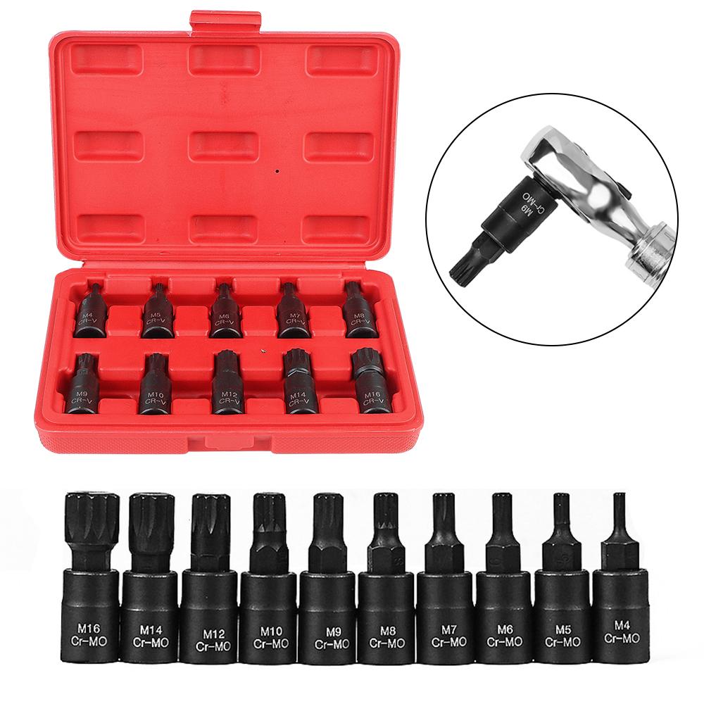 Auto Accessories 10pcs for Car Socket Wrench Tool Premium Cr-Mo Steel M4-M16 3/8 Inch Drive 12 Point Torx Bit Socket Set