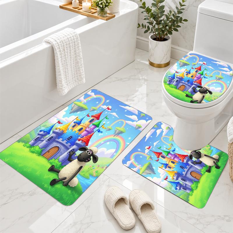 3Pcs Flannel Toilet Mat Set Shaun the Sheep Bathroom Rug Non Slip Bath Carpet Home Decor