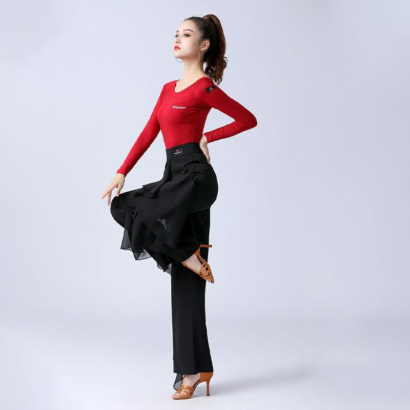 Latin Dance Pants Modern Dance Women High Waist Ruffle Wide Pants Ballroom Tango Samba Trousers Performance Practice Costume