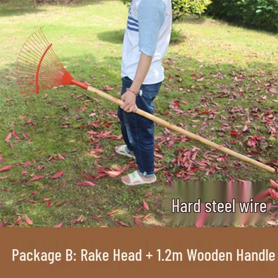 Garden Rake with Long Wooden Handle for Lawn and Leaves