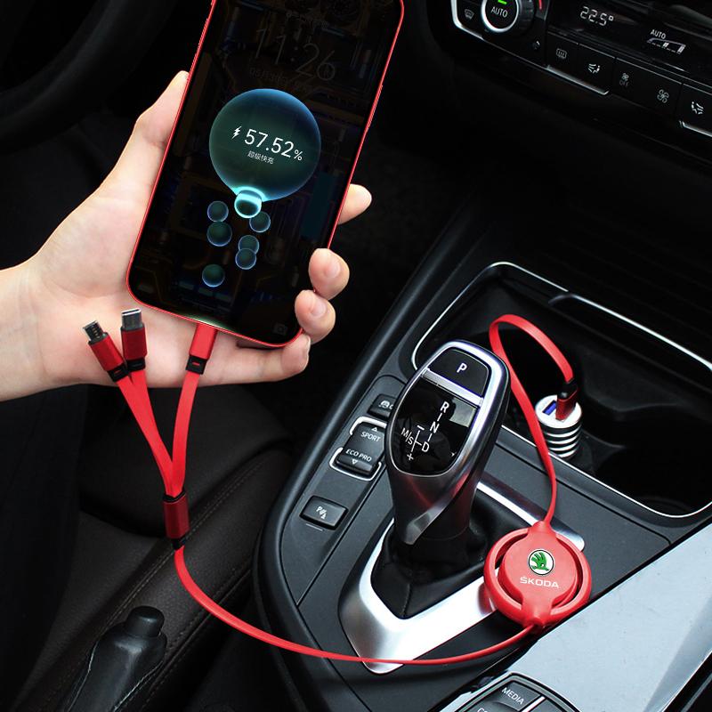 1Pcs Car Mounted Telescopic Three In One Mobile Phone Charger For Skoda Octavia Superb Rapid Kodiaq Karoq Fabia Kamiq Roomster Citigo
