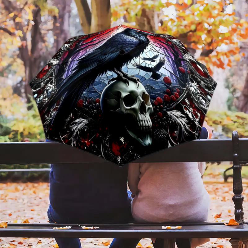 1PC Crow Raven Skull Umbrella Portable Folding Umbrella Iron Frame Hole Bone Structure Outdoor Home Umbrella