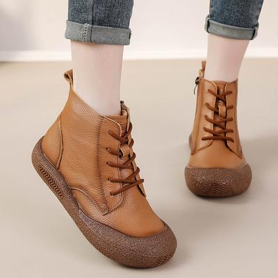 Fashion High Quality Women's Winter Waterproof Plush Shoes Ladies Lace Up Flats Ankle Boots Woman Real Cow Leather Boots Warm Snow Shoes