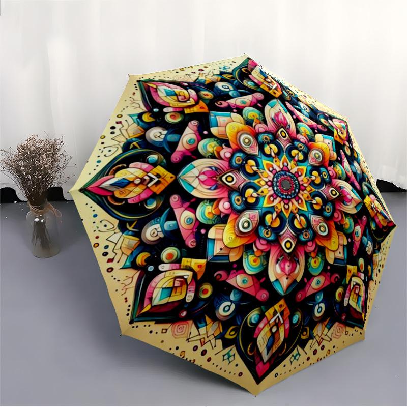 1pc Psychedelic Mandala Artwork Automatic Open/Close Umbrella - Portable Collapsible Umbrella with 8-Rib Stability, Fashion Lovers Yy251017165