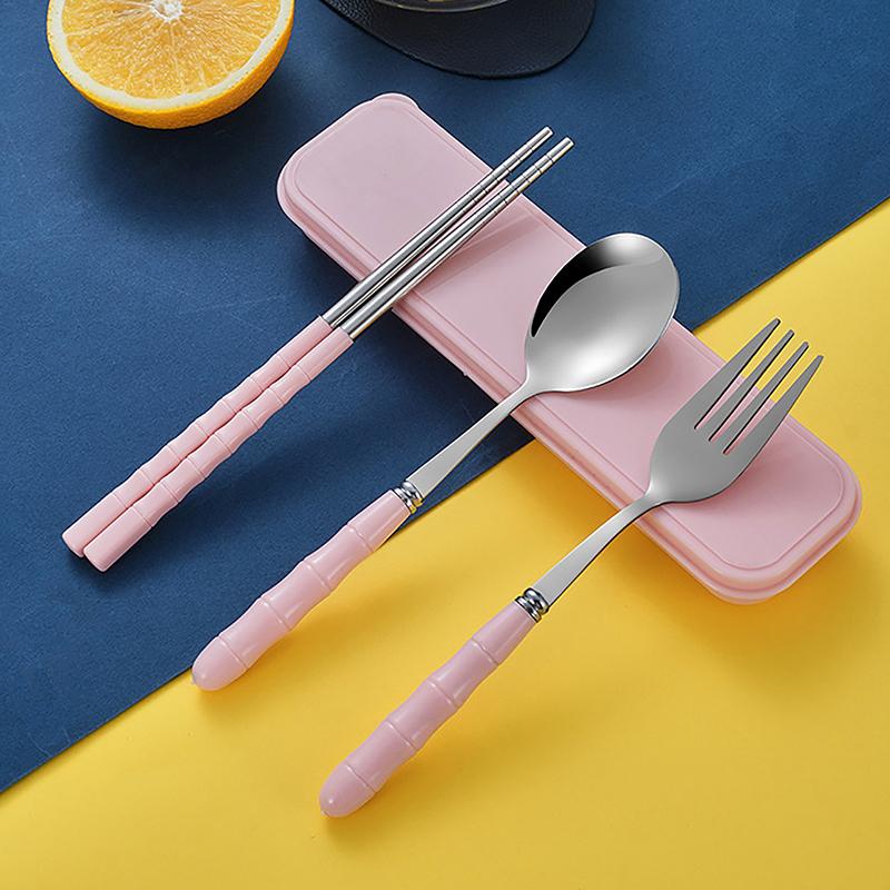 3 Stück Essstäbchen Löffel Gabeln Sets aus Edelstahl Tragbares Geschirr Wiederverwendbares Reise-Picknick Besteck mit Box