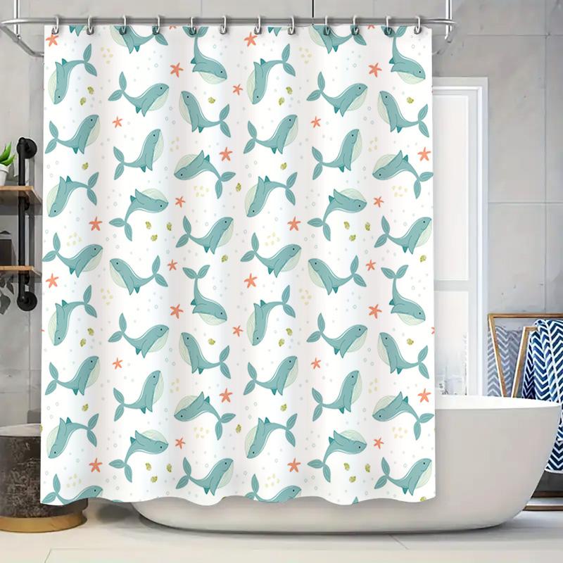 

Bright Blue Sea Animal Print Shower Curtain Mermaid Fish Whales Pattern For Bathroom Decor Easy Install Hook Made With Eco-Frien W60H190(CM)-1 Pcs
