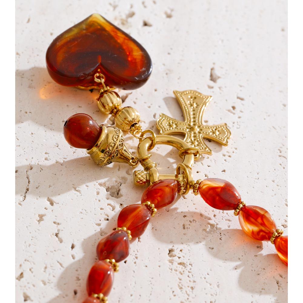 Yhpup Amber Acrylic Resin Beads Cross Heart Pendant Drop Handmade Necklace New Arrivals Stainless Steel Statement Collar Jewelry