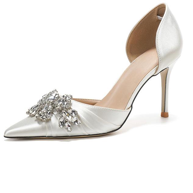 French High Heels Women's New Rhinestone White Wedding Bride Shoes Hollow Dress Single Shoes