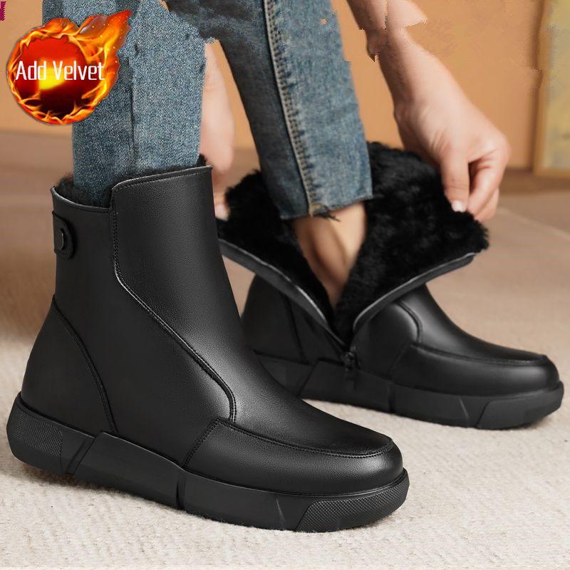 

Round Toe Fleece-lined Chunky Ankle Winter Leather Women s Snow Boots Waterproof Fashion 2025 Ladies Shoes Plush Warm Trend Boot 35