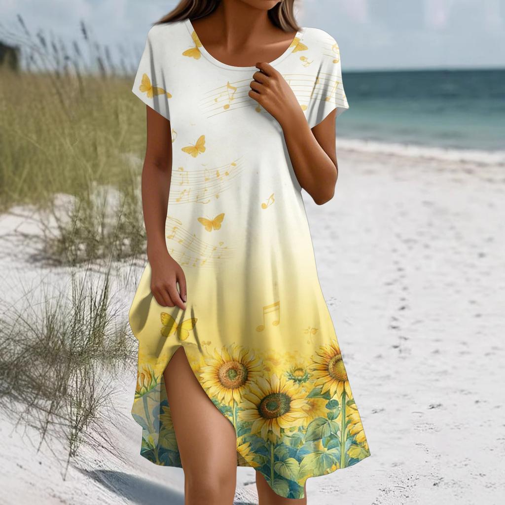 Short Sleeve Boho Dress For Women Casual Loose Fit Summer Sundress Floral Print Dress With Pockets